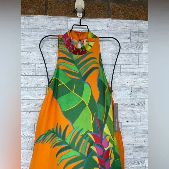 FARM RIO ANTHROPOLOGIE Tropical Leaves Print Halter Maxi Dress XXS Orange - Picture 5 of 14